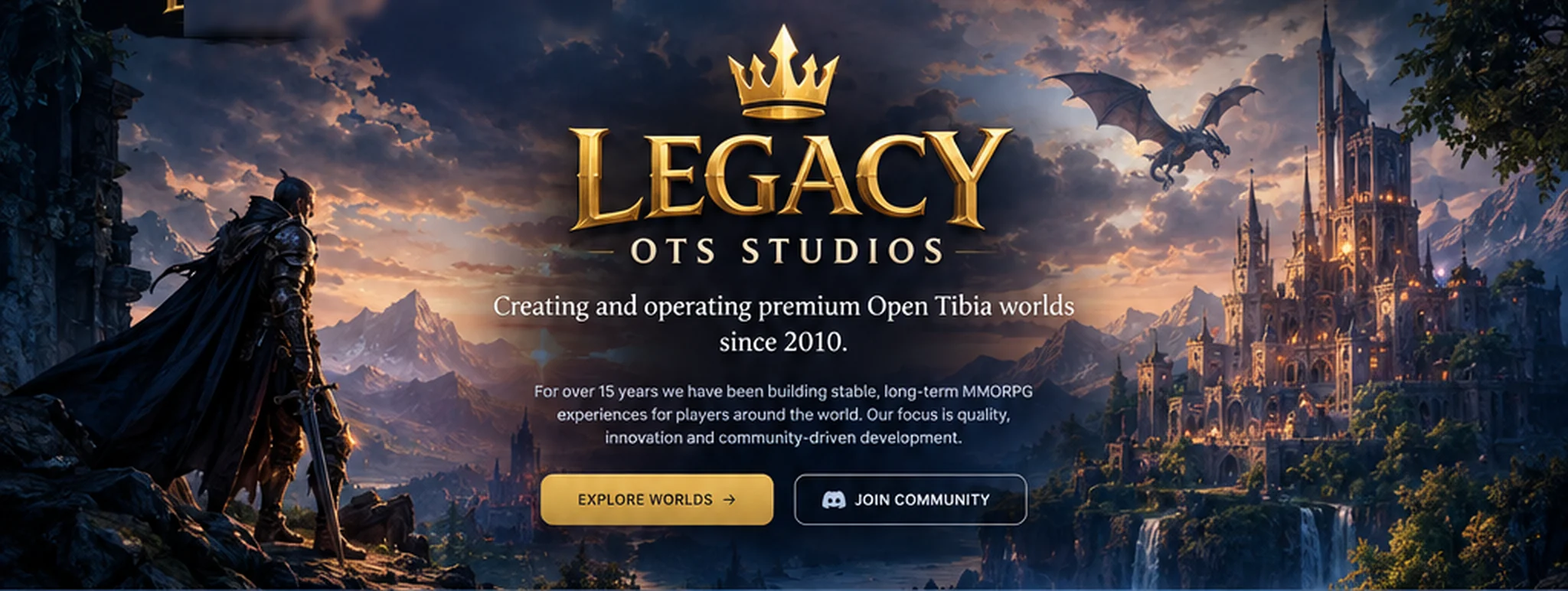 Legacy OTS Studios — rycerz nad doliną, smok i zamek o zachodzie słońca